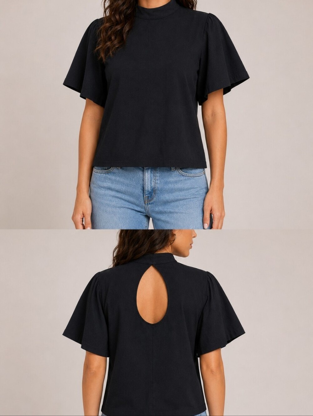 H&M Black Open Back Mock Neck Flutter Sleeve Top Size 2 Chic Minimalist